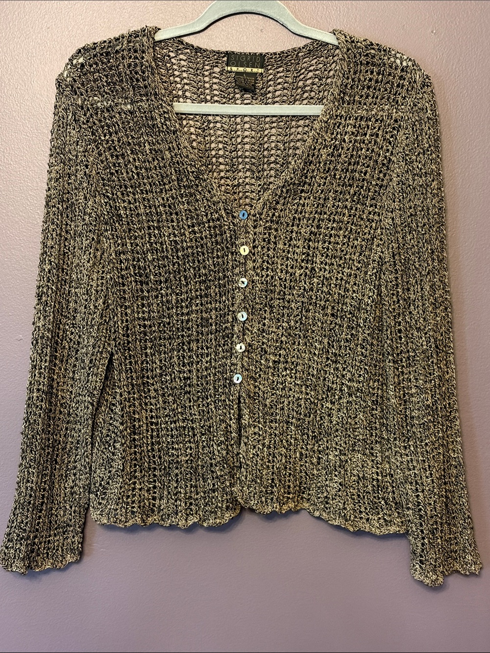 Sigrid Olsen Sport Open-Knit Button Front Cardigan Brown & Black Size Large